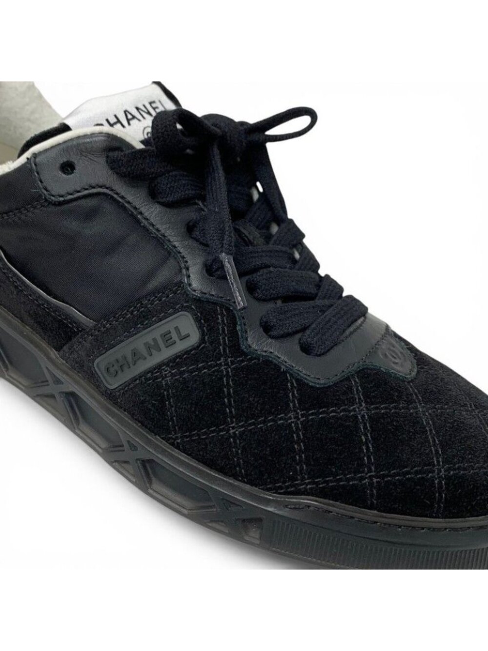 Chanel Sneakers Shoes Suede Nylon Black CC Logo - Picture 9 of 10